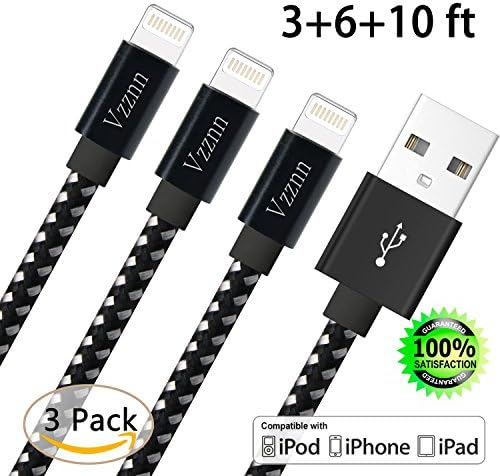 Vzznn iPhone Charger 3Pack 3FT/6FT/10FT Lightning to USB Cable Charging Cord with Compatible with iPhone 7/ 7Plus/ 6/ 6S/ 6 Plus/ 6S Plus, 5C/5S/5, iPad/iPod(Black White)