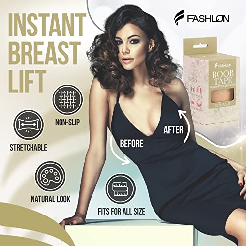 FASHLON Boob Tape (2-Roll, Safe for Sensitive Skin, Fits A-DD Cups), Boobtape for Large Breasts, Breast Tape Lift, Premium Breast Lift Tape, Body Tape for Breast, Boobytape for Breast Lift Beige