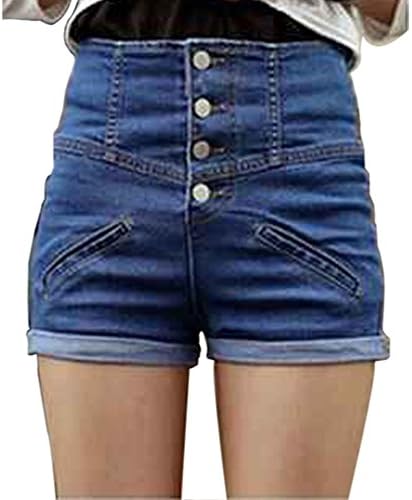 HHLJ Womens High Waisted Buckle Sailor Denim Shorts With Stretch Folded Hem Hot Pants (L(9-11), Blue)
