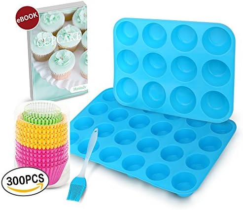 12 and 24 Mini Sizes Silicone Muffin Pan Cupcake Baking pan, 300 Paper Baking Cup Liners, Silicone Brush, Recipe E-book by Hanindy. Non Stick Silicone Muffin Molds, Muffin Trays Set of 2