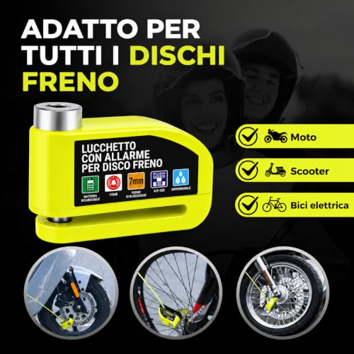Hiridi - Bloccadisco Moto Lucchetto Moto Antifurto con Allarme Sonoro 110DB Sensori Movimento - Impermeabile Resistente - Blocco Pressione 7mm con Accessori - 1,5 m Cavo Promemoria - Lucchetto Borsa.