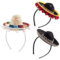 3Pcs Cinco De Mayo Sombrero Headband, Fiesta Sombrero Party Hats with Ball Fringe Decoration for Carnivals Festivals, Dia De Muertos, Coco Theme, Wedding, Birthdays and Party supplies