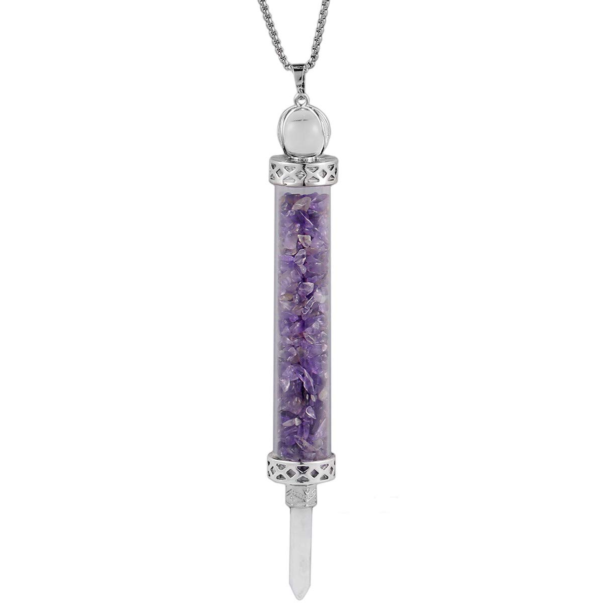 Nupuyai Amethyst Crystal Quartz Point Wand Pendant Necklace for Women Men, Handmade Wishing Bottle Pendant with Chain 50cm