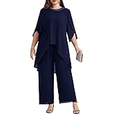 Hanna Nikole Plus Size Mother of The Bride Pant Suits 2 Piece Chiffon Sets Dressy Wedding Guest Outfit with High Low Hem