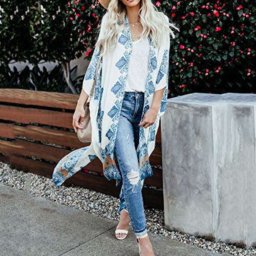 Women China Print Loose Long Bohe Maxi Bat-Wing Sleeve Cover-up Kimono Cardigan