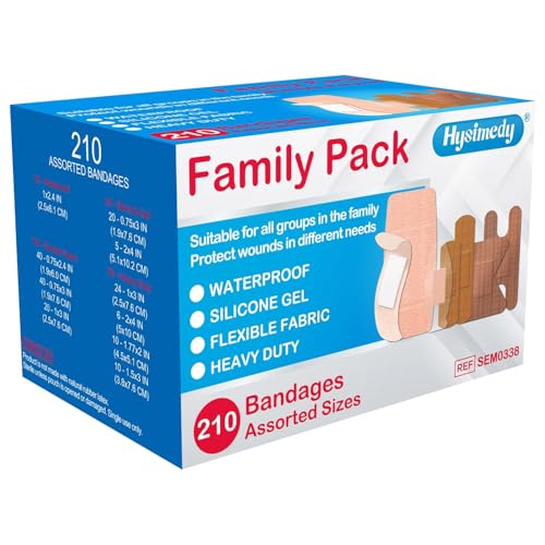 Hysimedy Adhesive Assorted Bandages Variety Pack 210 Counts Flexible Fabric Heavy Duty Waterproof Silicone Hypoallergenic Latex Free for Sensitive Skin Wounds Care Medical First Aid Kit Supplies