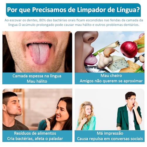Kit 4 Raspadores de Língua em Aço Inoxidável, Elimina Mau Hálito, Antibacteriano e Higiênico, Fácil de Limpar