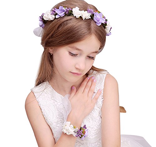 KSDN Wedding Flower Girls Headpiece Halo Garland Hair Wreath With Wrist Band Lilac