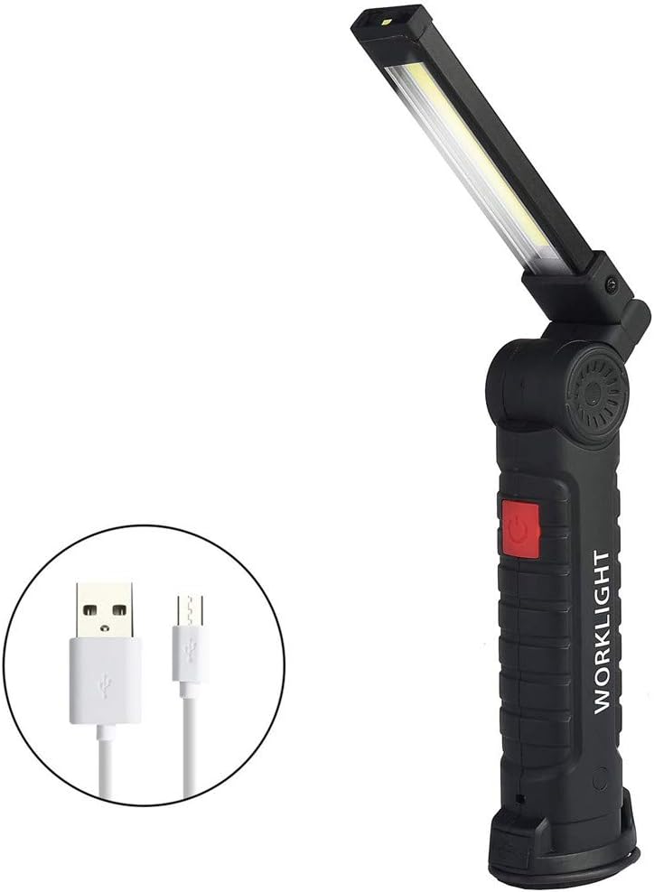 LED Work Light Rechargeable Portable Flashlight Torch 360ยฐ Folding USB Charging COB Glare Inspection Light with Magnetic Bracket and Hook for Camping Workshop Garage Emergency Lighting (L)