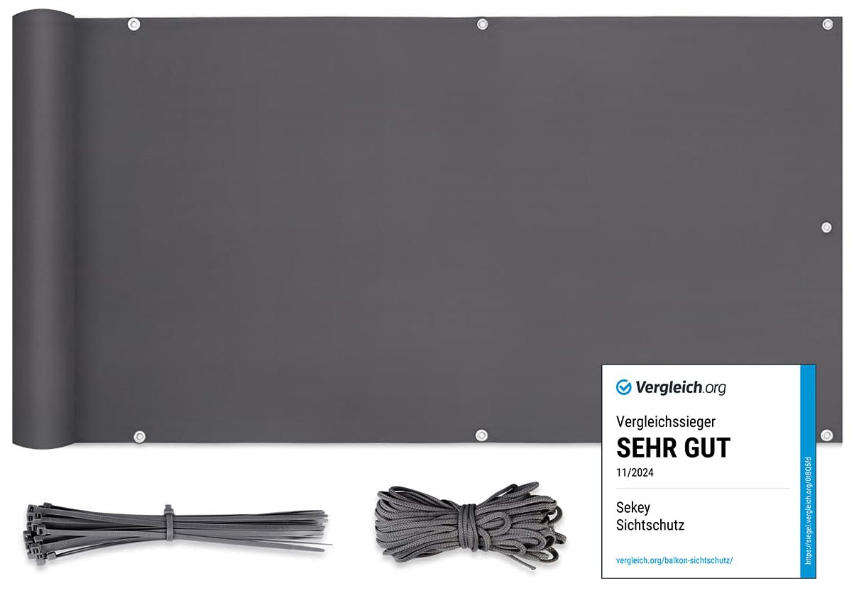 Sekey Balcony Privacy Screens, 0.9 × 3 m Waterproof and UV Protection,100% polyester with Eyelets,Nylon Cable Ties and Cord,Dark Gray(PES)