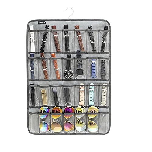 ANZORG Hanging Watch Band Organizer Watch Bands Straps Accessories Holder Watches Storage Display Case with 28 Clear Pockets (GREY)
