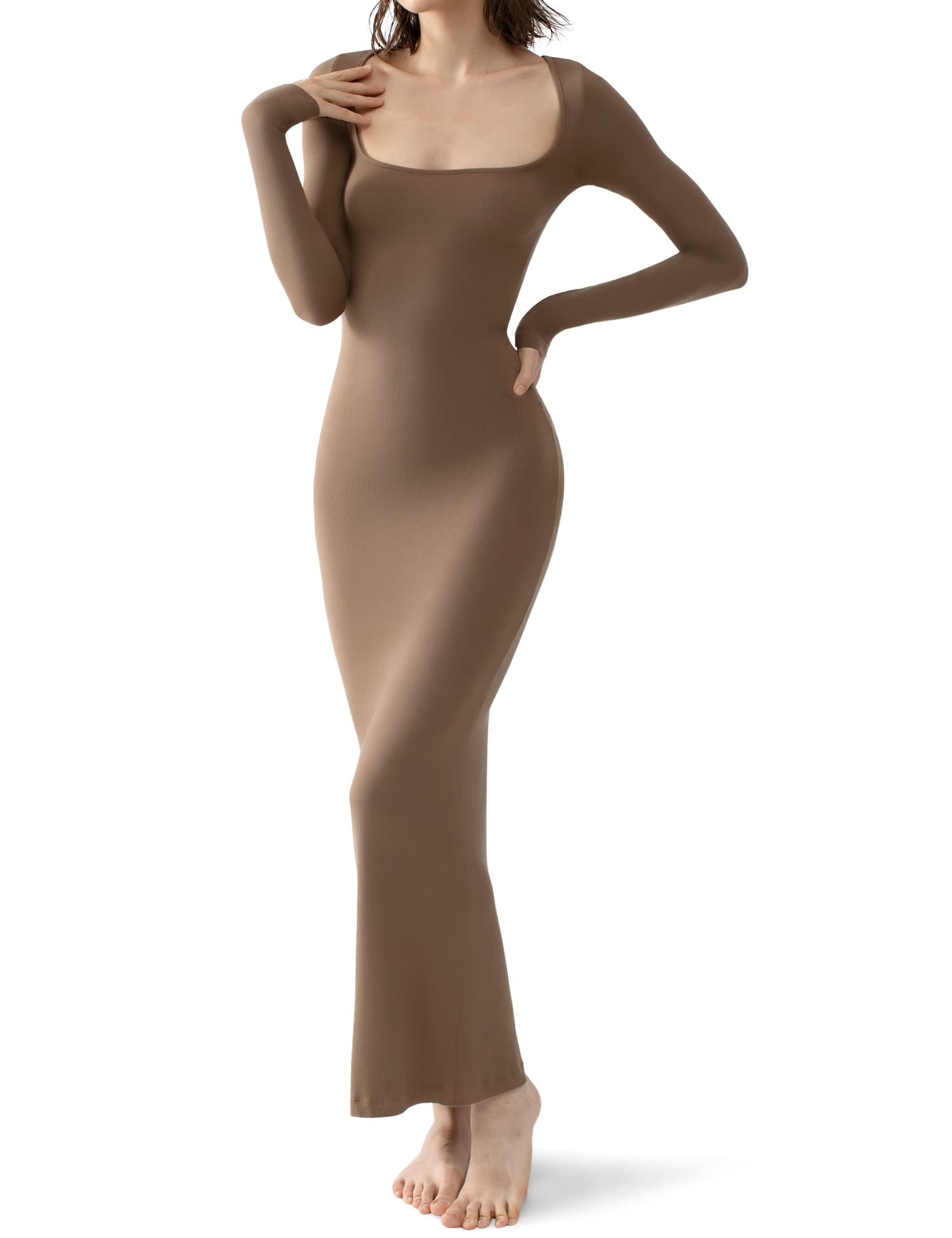 PUMIEY Long Sleeve Dress for Women Square Neck Soft Lounge Maxi Dress Sexy Bodycon Fall Dresses for Women Brown Dress Hazelnut X-Large Image