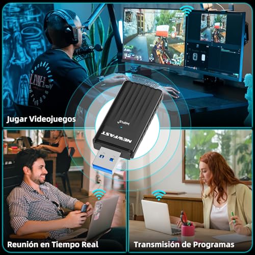 NEWFAST Adaptador WiFi6 USB AX3000, 5.8Ghz/2.4Ghz Adaptador WiFi USB para PC, 3000mbps Receptor WiFi Compatible con Windows 10/11, OFDMA y MU-MIMO, WPA3 y WPA2