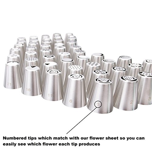 Russian Piping Tips Set 105 Pcs - 50 Numbered Frosting Nozzles & Instruction Sheet - 50 Pastry Bags & 4 Couplers - Cake, Cupcake & Baking Decorating Supplies Kit For Flower Shaped Icing Decorations - Thumbnail 3