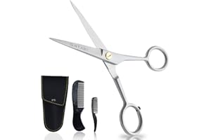 Ontaki German Steel Beard Scissors - 5-Inch, Silver, 1 Count - Beard Grooming Shears & Mustache Trimming Kit with Comb & Pouch, Airplane Friendly, Hand-Forged 410C Steel, Finger Rest