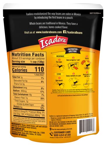 ISADORA WHOLE BLACK BEANS FULLY COOKED, 16 OZ (PACK OF 1), MEXICAN BEANS IN A POUCH READY-TO-EAT, NO REFRIGERATION NEEDED, HEAT AND SERVE.