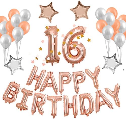 40inch 16TH Rose Gold Birthday Number Balloon with Happy Birthday Banner and Latex balloons Mylar Star for Birthday Party Decorations Supplies (Rose gold 16)