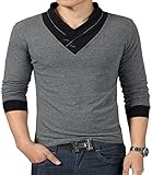 YTD 100% Cotton Mens Casual V-Neck Button Slim Muscle Tops Tee Short Sleeve T- Shirts (US Small, Long Sleeve Gray)