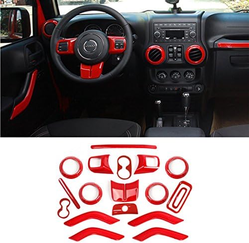 Irdes1992 18x Red Full Set Interior Decoration Trim Kit Steering Wheel & Center Console Air Outlet Trim, Door Handle Cover Inner, Passenger Seat Handle Trim For Jeep Wrangler JK JKU 2011-2017 4 Door