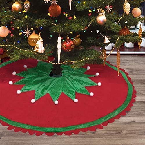 Christmas Tree Skirt - 48 inch Large Red Green White Christmas Tree Skirt with Elf Pattern and Ripple Side for Christmas Decorations for Xmas Tree Family Holiday Christmas Party Decorations