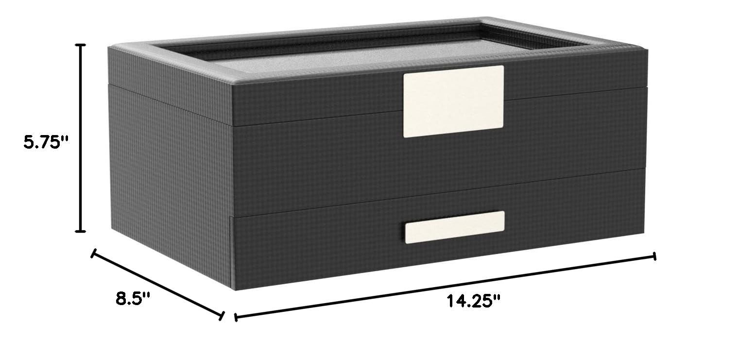 Glenor Co Valet Jewelry Box for Men - Holds 6 Watches, 12 cufflinks, 2 Sunglasses, Drawer & Tray Storage - Watch Case - Carbon Fiber design Organizer w Metal Accents & Large Glass Lid - Black