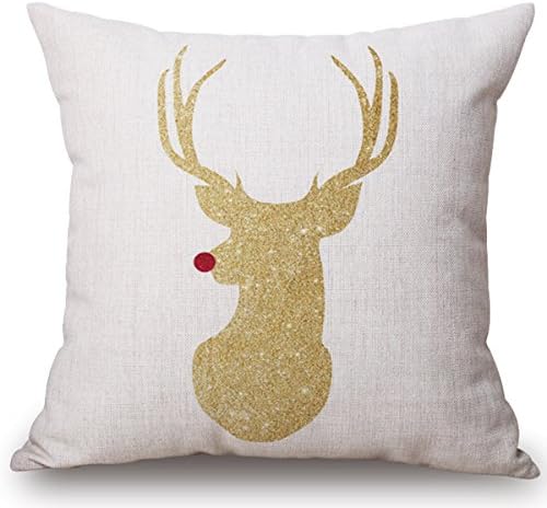 Kingla Home Merry Christmas Cotton Linen Throw Pillow covers Elk Decorative Cushion Set Golden Red Nose Elk Pillow Cover 18x18 Inch Pillow Case For Sofa