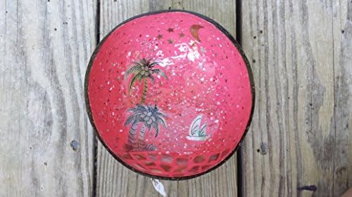 A9 - Coconut bowl with mother of pearl inlaid - Coconut trees and Boat - Pink