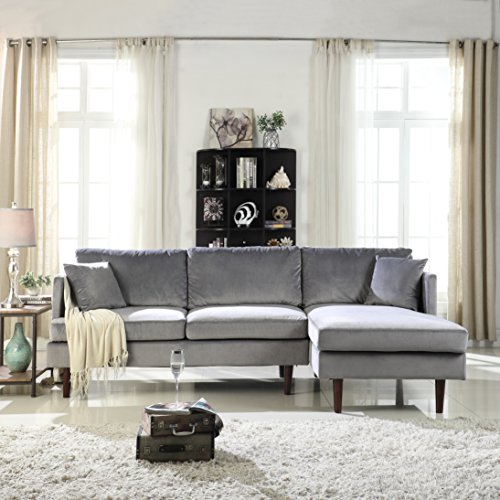 Mid-Century Modern Brush Microfiber Sectional Sofa, L-Shape Couch with Extra Wide Chaise Lounge (Grey)