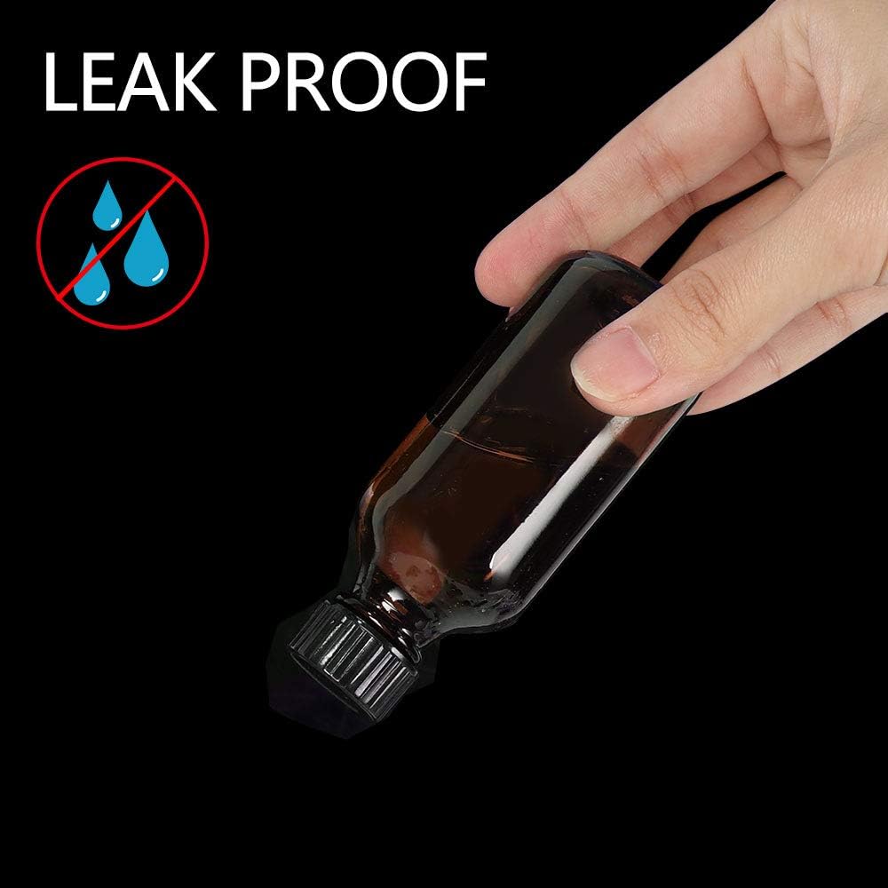 2 oz Glass Boston Bottles with Poly Cone Cap,Brush,Funnels and Labels, Amber Dispensing Bottles for Essential Oils, Chemical Lab,Home, Wedding Decor. Set of 12 Pack.