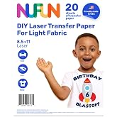 NuFun Activities Laser Heat Transfer Paper, Light Fabrics, 20 Sheets 8.5x11 | Long-Lasting &amp; Durable, Easy DIY Iron-On, Non-Toxic, For Light Fabrics, For laser printers