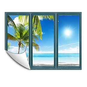 Wall Murals for Bedroom Fake Window Beach Blue Window Removable Wallpaper Peel and Stick Wall Stickers - 24x32 inches