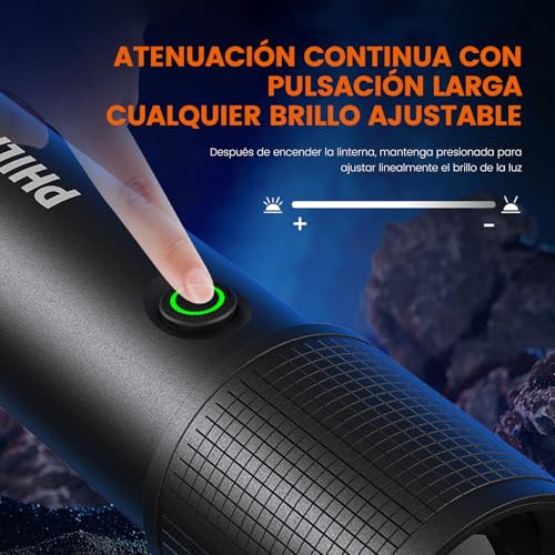 PHILIPS SFL2185 Linterna LED Recargable,10W Superbrillante Lampara de Mano, Linterna Impermeable con Zoom & 4 Modos de Luz, Adecuada para Senderismo, Caza, Camping, Emergencia