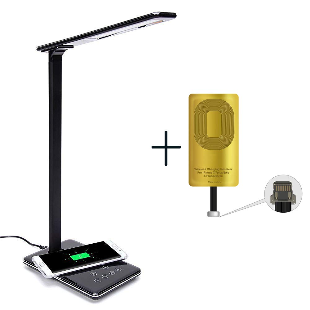 LED Desk Lamp with Qi Wireless Charger Pad, Dimmable Folding Bedside