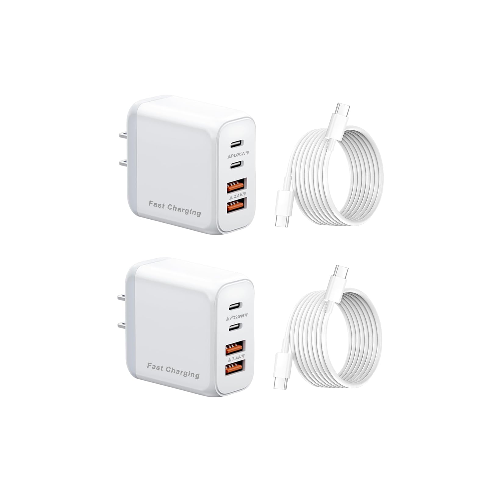 40W USB C Wall Charger with 4FT Cable, 4-Port, PD Power Adapter + QC Wall Plug Multiport Type C Charging Block Cube, for i Phone 17/16/15/14/13 (2A+2C-2)