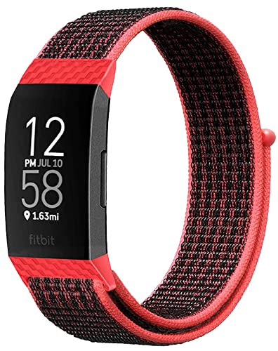 Niboow Strap Compatible with Fitbit Charge 4/Charge 3/Charge 3 SE, Men Women Children Nylon Soft Lightweight Breathable Watch Bands for Fitbit Charge 4/Charge 3/Charge 3 SE-Black/Red