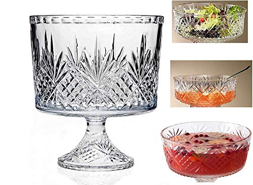 Elegant Large Crystal Serving Bowl, Footed Trifle Bowl, Punch Bowl - Beautiful Centerpiece for Fruit, Salad, and Dessert - Home, Office, Wedding Decor