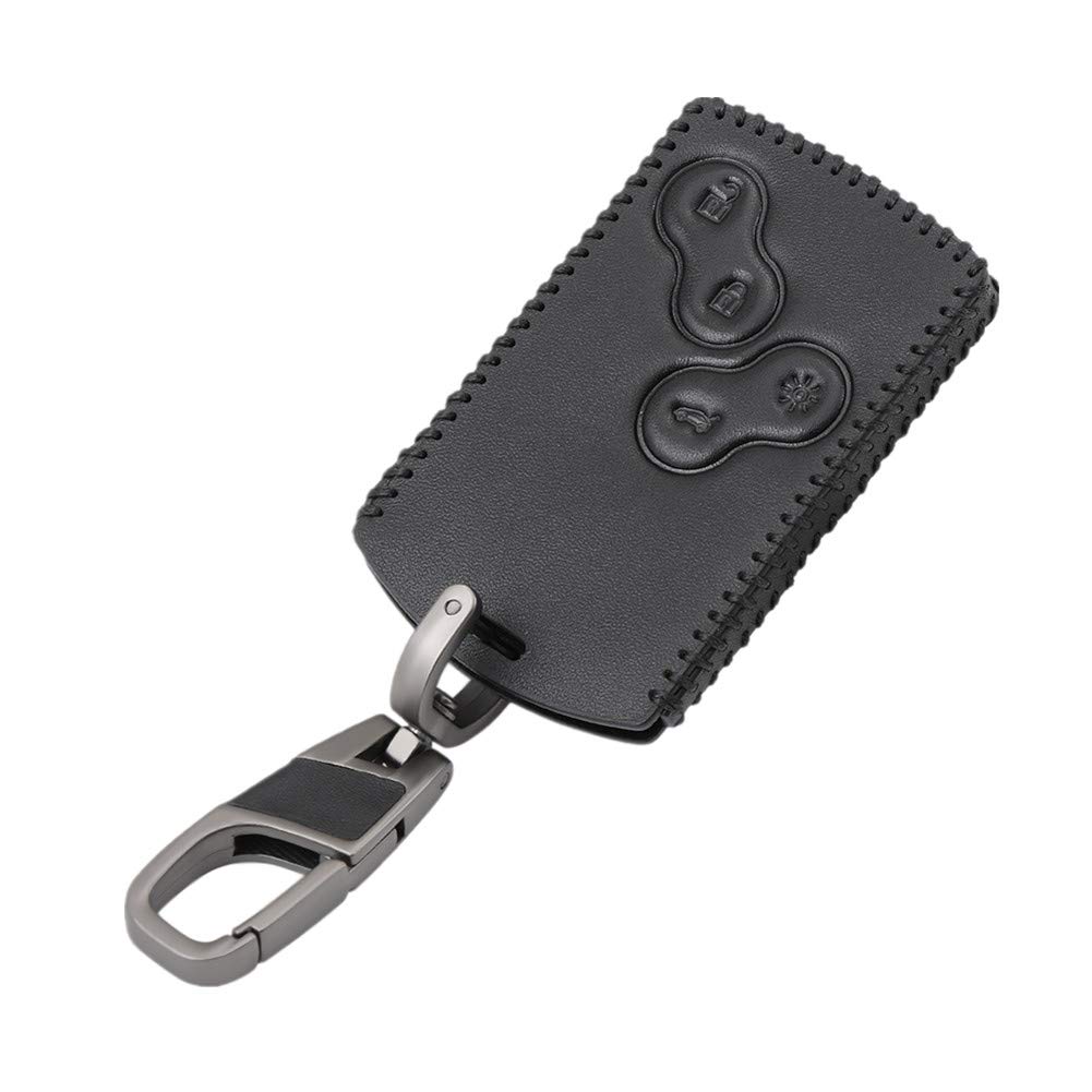Happyit Leather Car Key Cover Cases keychain for Renault Clio Logan Megane Koleos Scenic Duster Sandero Captur Twingo 4 Buttons (Black line)
