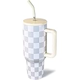 CHLJAR 40 oz Tumbler with Handle, Checkered Insulated Tumbler Stainless Steel Vacuum Water Bottle Cup Travel Coffee Mug Gifts for Women Wife Sister Boss Lady Birthday Christmas, Grey