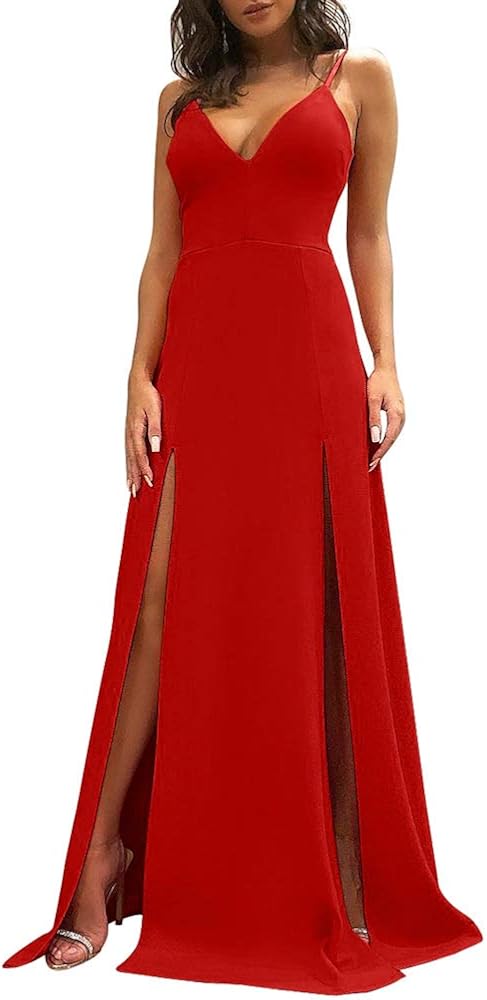 TOB Women's Sexy Sleeveless Spaghetti Strap Backless Split Cocktail Long Dress: Clothing