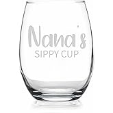 HTDesigns Nana's Sippy Cup Stemless Wine Glass - 15oz Modern Clear Glass Stemless Wine Glass for Any Occasion