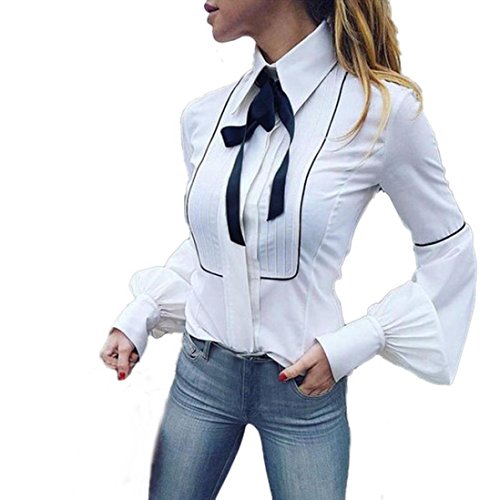 Women Blouse Daoroka Sexy Office Work Wear Long Lantern Sleeve Bow Tie Shirt Elegant Casual Cute Tops (M, White)