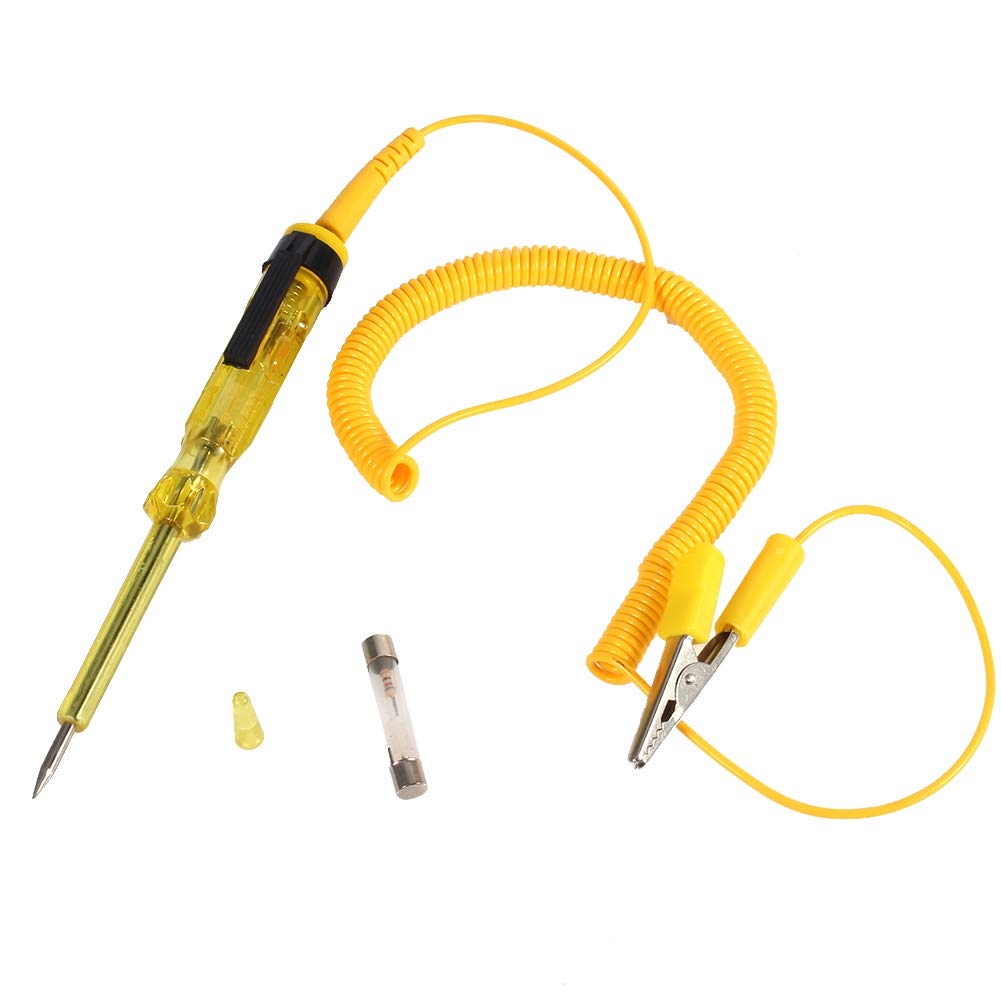 Car Circuit Tester Pen, DC 6V 12V 24V Voltage Test Light, Yellow, Steel Probe, 15cm Length, with Coil Cable and Crocodile Clip