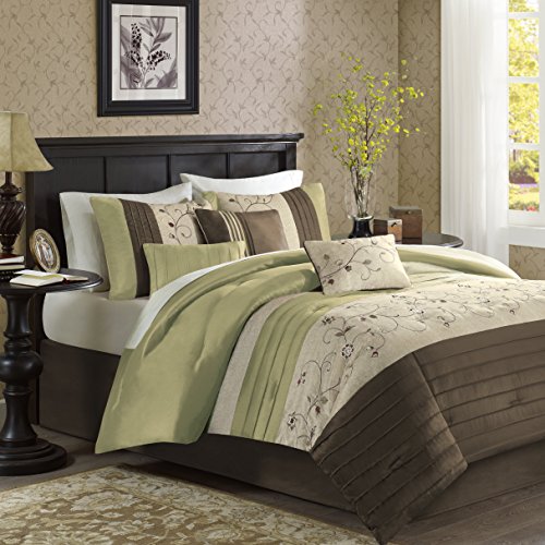 Madison Park Serene Cal King Size Bed Comforter Set Bed in A Bag - Green, Embroidered â€“ 7 Pieces Bedding Sets â€“ Faux Silk Bedroom Comforters