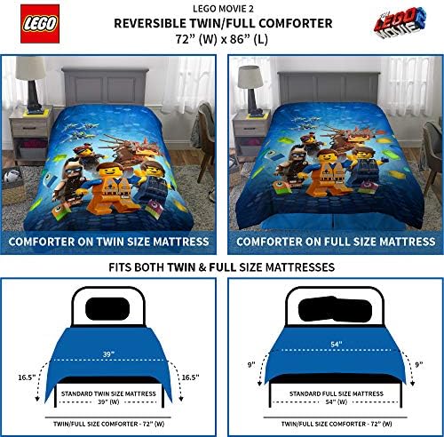 Lego movie-themed bedding set with comforter and sheets, priced at $73.99.