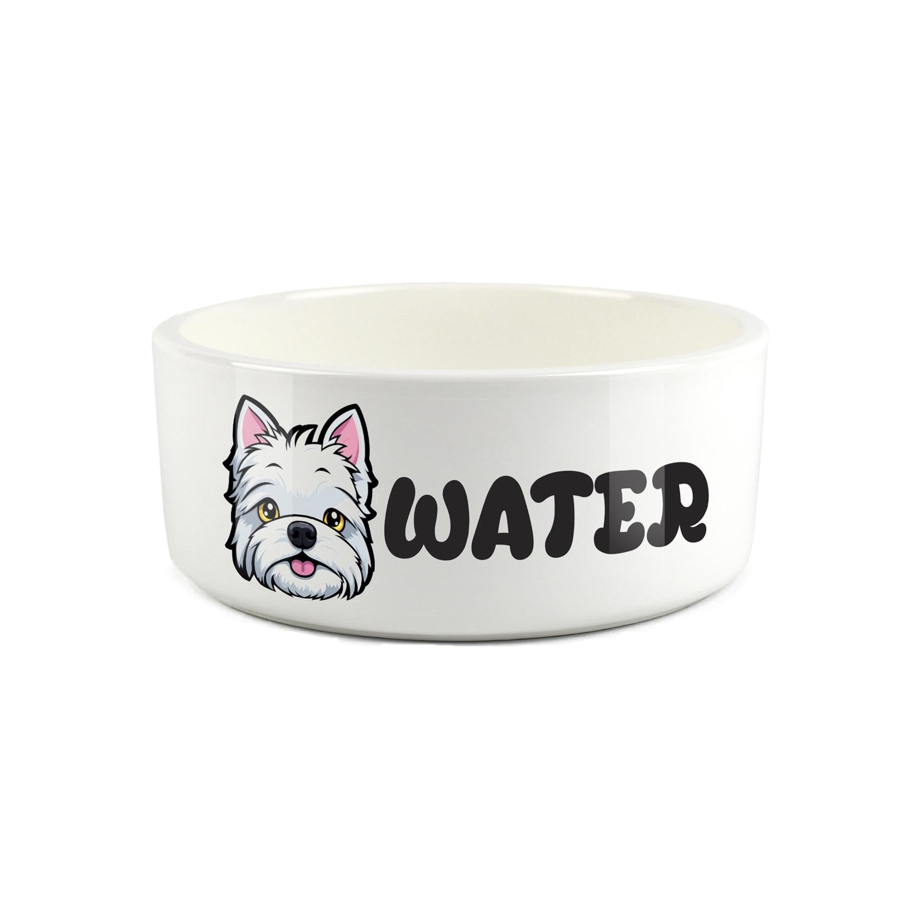 West Highland White Terrier Pet Bowl - Cartoon Westie Dog Portrait Large Ceramic Water Bowl - Novelty White Water Dish For Dogs