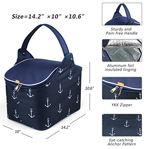 YONOVO 20L Folding Picnic Basket Large Insulated Bag Waterproof for Gathering Travel Camping BBQ (Blue-Anchor Motif) - Thumbnail 3