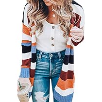 ECOWISH Womens Boho Open Front Cardigan Colorblock Long Sleeve Loose Knit Lightweight Sweaters L-996 Pink Medium