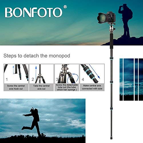 BONFOTO Carbon Fiber 57.6" B674C Lightweight Portable Compact Travel Tripod and Monopod with 360 Degree Ball Head + 1/4" Quick Release Plate + Carry Bag for Canon Nikon Sony DSLR Cameras