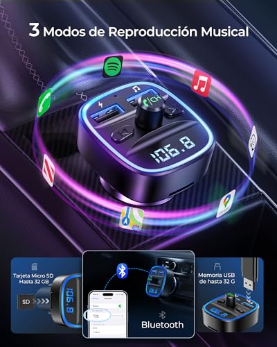 LENCENT Transmisor FM Bluetooth para Auto, Reproductor Música para Carro, Adaptador Bluetooth Coche con Dual USB 5V/2.4A&1A, Soporta Tarjetas SD, Memoria USB, Llamadas Manos Libres, Asistente de Voz
