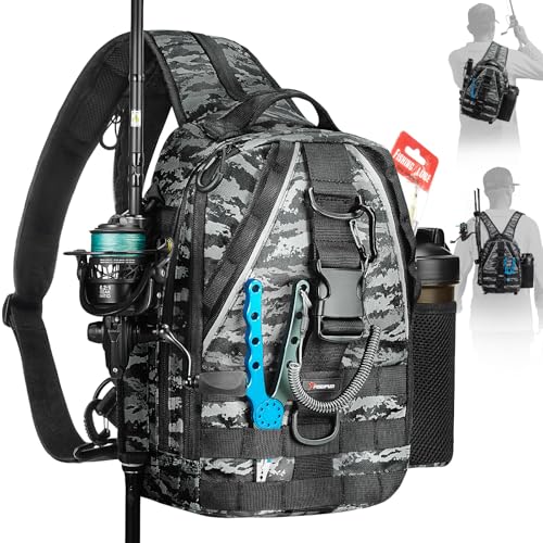 Piscifun Angelausrüstungs-Rucksack mit Ruten- und Ausrüstungshalter, leicht, wasserabweisend, Angel-Schulter-Aufbewahrungstasche